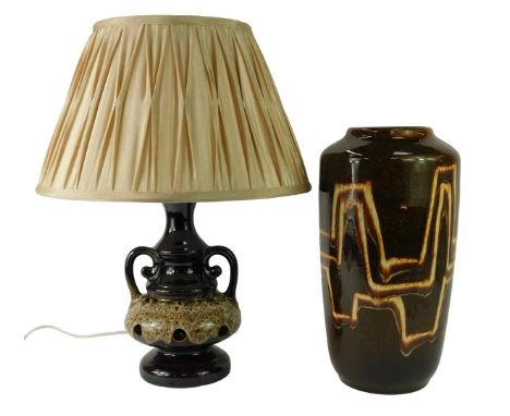 A West German pottery vase, of cylindrical form decorated with abstract line decoration against a mottled glaze ground, 38cm 