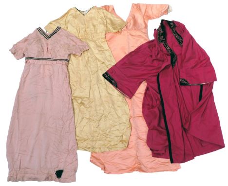 A group of vintage clothing, to include a pink satin gown, Oriental style overcoat with embroidered pockets, in magenta, etc.