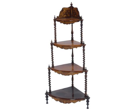 A Victorian rosewood and boxwood inlaid corner whatnot, each shelf united by spiral turned supports with rounded finials, on 