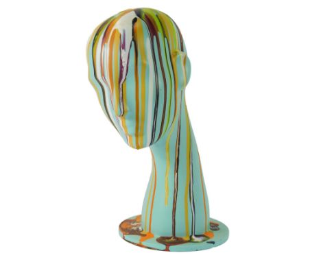 A 20thC mannequin head, in turquoise with painted drip decoration, bearing label to underside Rosa Spa Date 6/6/2007.