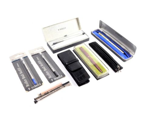 Three Parker pens, including a British Aerospace fountain pen, cased, together with roller ball refills, pen case, etc. (a qu