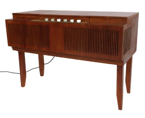 A HMV teak cased record player, with a Garrard 3000 player, 66cm high, 92cm wide, 50cm deep. 