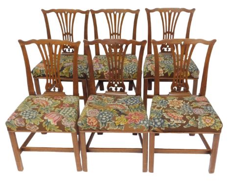 A set of six 19thC Chippendale style mahogany dining chairs, each with a shaped back with pierced splat floral upholstered ov