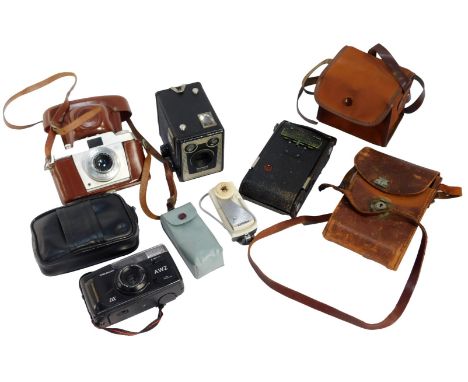 A group of cameras, to include a Kodak folding camera in brown leather case, an Agfa camera in case, Kodak Model C Brownie ca