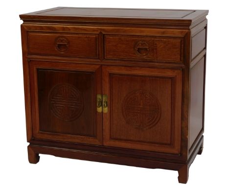 A Chinese hardwood side cabinet, with two drawers above two cupboards, on bracket feet, 84cm high, 92cm wide, 48cm deep. 