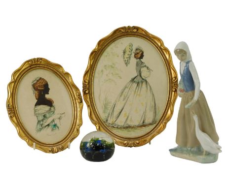 A Nao porcelain figure, modelled as a lady holding fruit basket, feeding geese, 24cm high, together with a Caithness paperwei