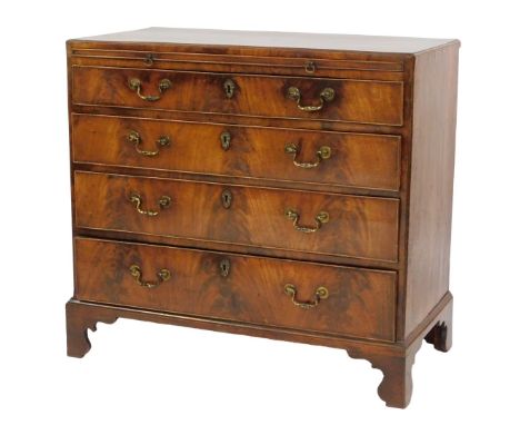 An early 19thC mahogany and flame mahogany chest, with bush slide above four graduated drawers, on bracket feet, 86cm high, 9