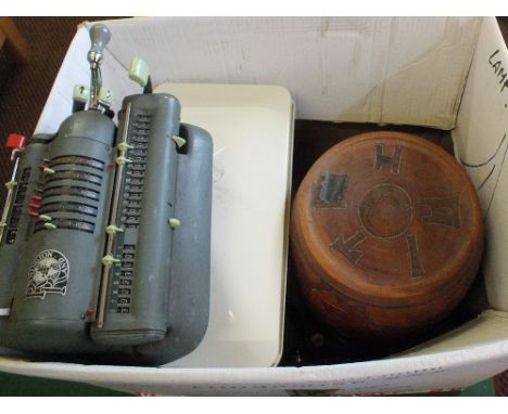 A Remington Rand hand calculator, wooden and pottery barrels, backgammon set etc (two boxes)