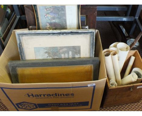 A 19th Century coloured racing print plus framed and unframed prints and pictures (two boxes)