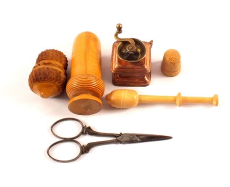 Needlework items to include metal coffee grinder, tape measure, treen thimble holder, glove darning stick, thimble holder, th