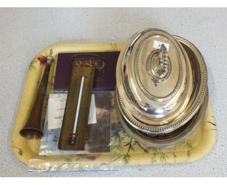 Silver plated entree dishes, small hunting horn, coin sets plus a thermometer