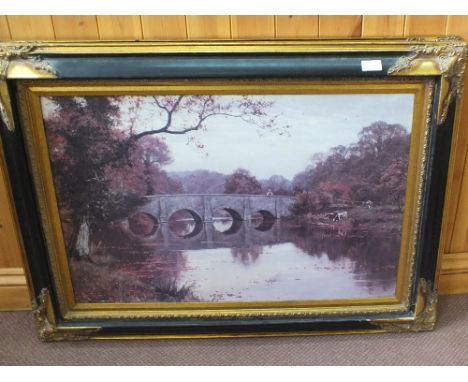 A large gilt framed print of a highlander plus three others, Tadeusz Ochalski limited edition prints of London, two Pears typ