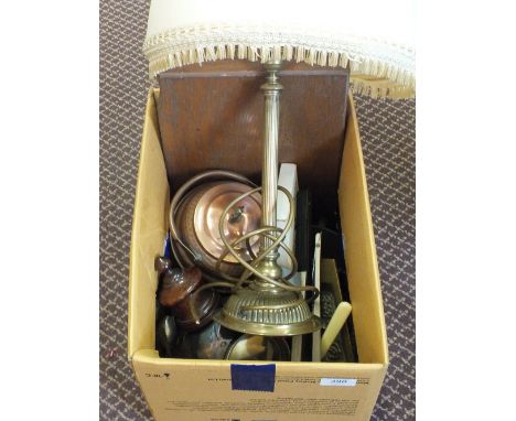 A brass table lamp, cutlery and metalware etc