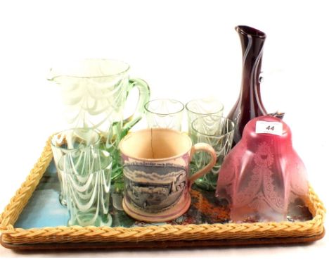 A Richard Goulding Art Glass ewer, a glass lemonade set, pink lamp shade plus a Sunderland tankard (as found)