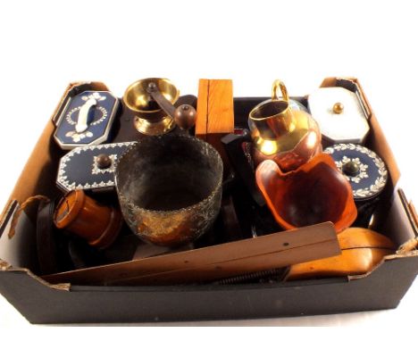 Various metal and wooden sundries including tins, coffee grinder, Mauchline money box etc