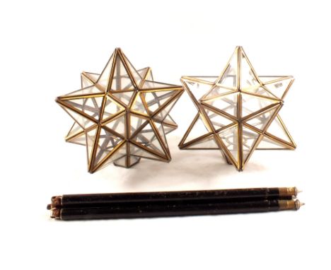 Two brass and glass star lamp shades plus a tripod