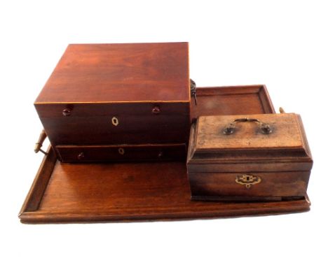 An Antique mahogany Chippendale style tea caddy, Victorian mahogany workbox with drawer plus a twin handled oak tray, 23" wid