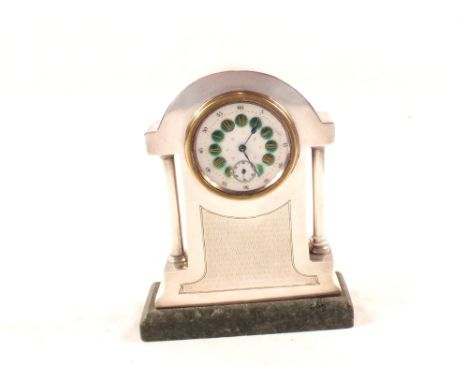 A silver table clock with green and gilt enamel numerals (no glass), Birmingham