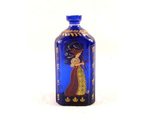 A 19th Century Bristol blue glass flask decorated with a lady playing a lute, in polychrome enamels