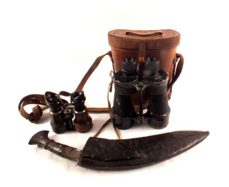 A pair of binoculars in Ministry of Agriculture case plus one other pair, camera accessories, tripod and a Kukri