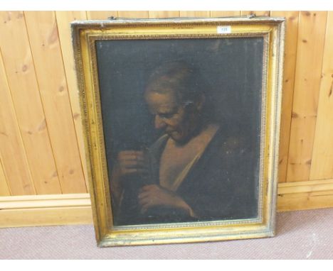 An oil on canvas, half length portrait of a pensive man, 24" x 19"