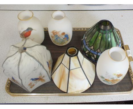 Various leaded and other glass lamp shades and vases