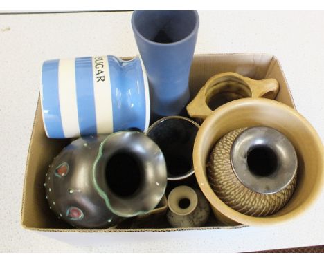 A box of various Studio Pottery including Dee-Cee, West German and a Goebel pig money box etc