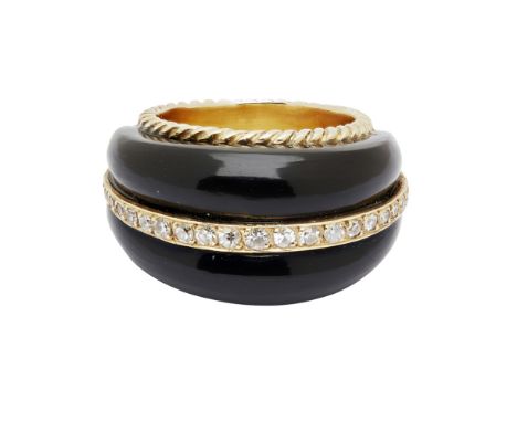 An onyx and diamond bombé ringof domed design with a central band of claw set eight cut diamonds, ribbon detail to edge, to a