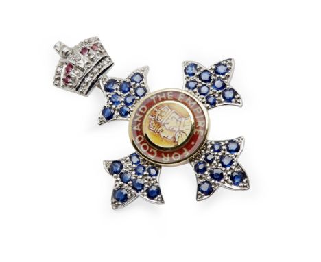 An 18ct white gold and gem set MBE lady's broochA&W, Birmingham late 20th century, modelled as the medal, enamel centre, sapp