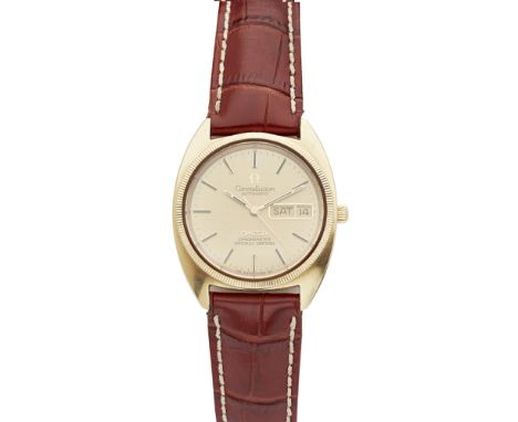 OMEGA - A gentleman's 18ct gold cased wrist watchConstellation, with day, date, champagne dial, baton indicators, sweep secon