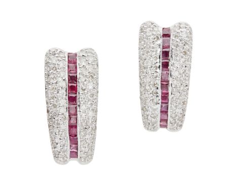 A pair of modern ruby and diamond set earringseach channel set with a single row of square cut rubies, the surround pavé set 