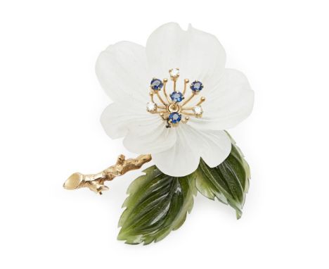 A multi-gem set floral broochthe central flower modelled in carved crystal set with round cut diamonds and sapphires, carved 