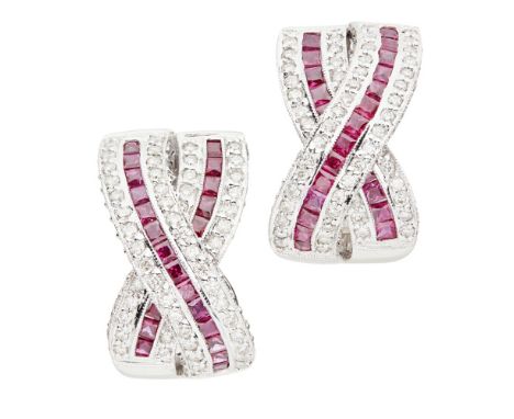 A pair of ruby and diamond set earringsof cross over ribbon design, channel set with two rows of square cut rubies each betwe