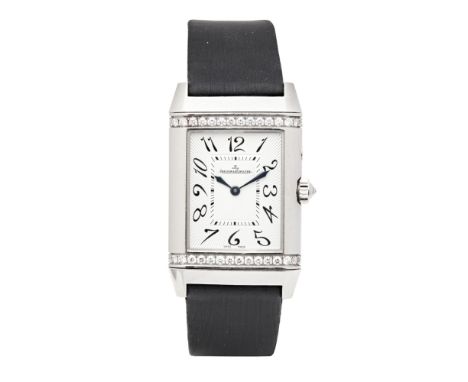 JAEGER LE COULTRE - An 18ct white gold and diamond set Reverso wrist watchDuetto Classic, with off-white guilloche enamel day
