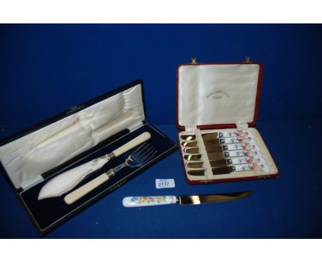 A cased set of Epns fish, knife and fork servers, Royal Staffordshire cake knife and a cased set of Royal Crown Derby cake kn
