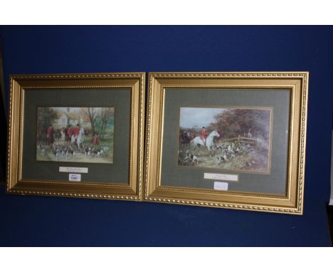 Two framed and mounted Heywood Hardy hunting Prints, 'The Start at the Manor' and 'Over the Stile', 13 1/2" x 11"
