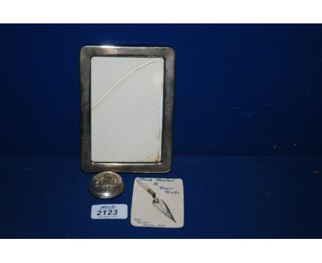 A white metal Photograph Frame, Silver book marker and a plated Patch Pot.