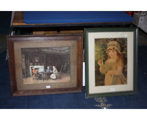 A quantity of prints including girl holder flowers, gentleman playing cards, etc.l