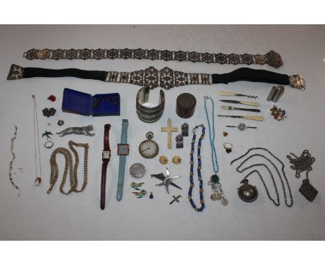 A box containing white metal cuff bangle, wrist watches, Eastern white metal scent bottles, a pedometer etc.