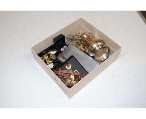A box containing various costume jewellery, wrist watches, a silver plated sugar sifter, and a silver plated cigarette case 