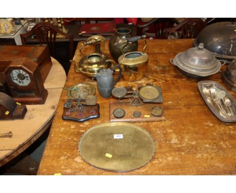 A collection of metalware to include scales, a WMF vase, brass tray etc. 