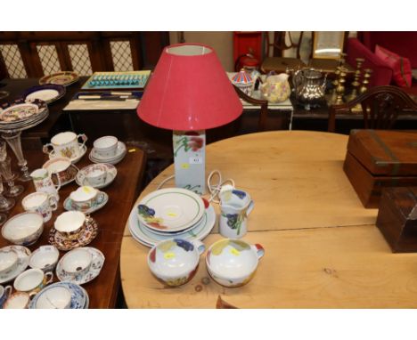 A collection of Dartington Pottery to include table lamp, two trios and a jug