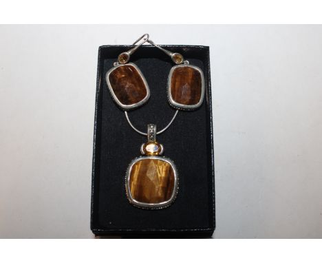 A vintage Hallmarked Sterling silver tigers eye and golden topaz necklaces and earrings, 22gms total weight