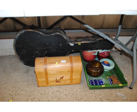 A wooden dome topped box; a musical instrument case; and a box containing jardinieres 