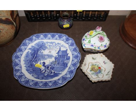 A 19th Century blue and white Cauldon plate decorated chariot and temple, a Herend porcelain heart shaped box and cover and a