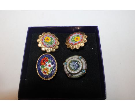Two vintage Millefiori brooches; and a pair of Millefiori clip on earrings 