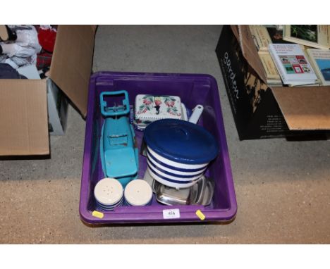 A box of kitchenalia to include scales, enamel saucepan etc.