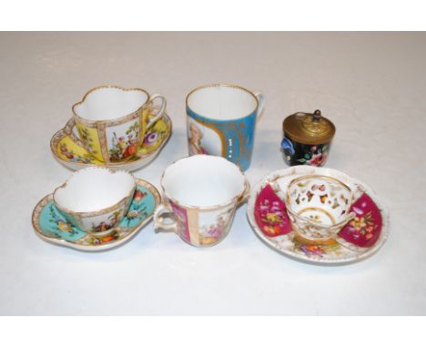 Three Dresden porcelain cabinet cups and saucers; a Limoges porcelain and metal mounted inkwell and a porcelain cup AF