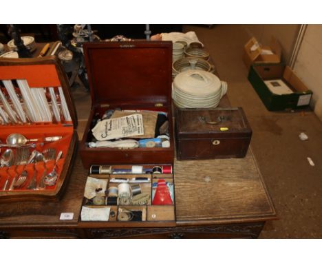 A mahogany sewing box and contents and a Georgian two compartment tea caddy AF
