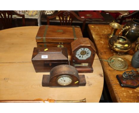 Two mantel clocks, a brass bound writing box and a two compartment tea caddy 